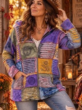 Rising International 1XL Patchwork Zip Hoodie Boho Om Sun Jacket